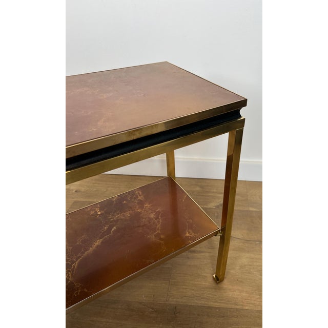 1970s Black lacquered metal and brass side table with amber celluloid shelves For Sale - Image 10 of 12
