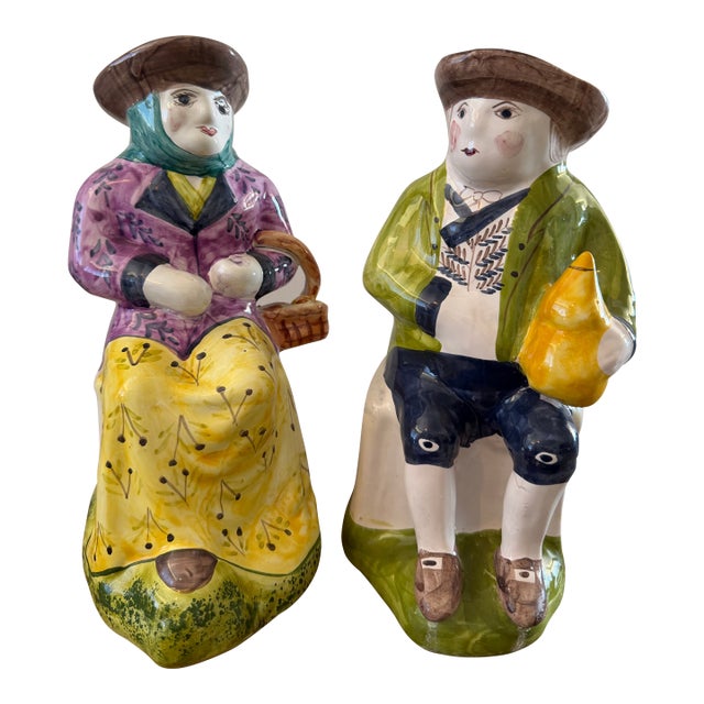 Vintage Pair of Handmade Majolica Farmer and FarmWife Toby Pitchers, Made in Portugal For Sale