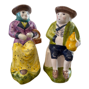Vintage Pair of Handmade Majolica Farmer and FarmWife Toby Pitchers, Made in Portugal