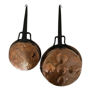 Antique Copper Iron Saute & Egg Escargot Pans, 2 Piece
