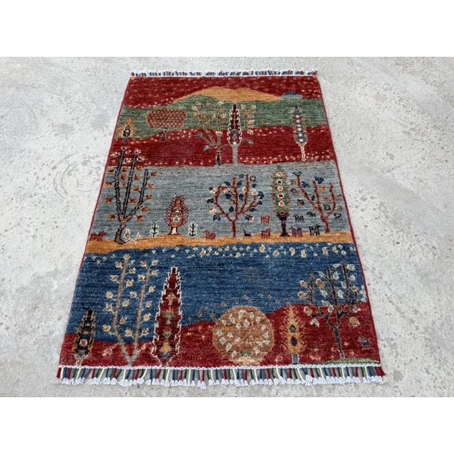 Gabbeh Caravan Red & Green Hand-Knotted Wool Area Rug For Sale - Image 9 of 12