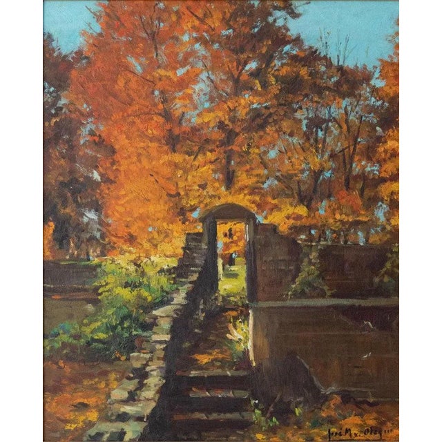 Signed framed oil of autumn. Looking through the garden gate entrance artist name: signed (unidentified at present) approx...