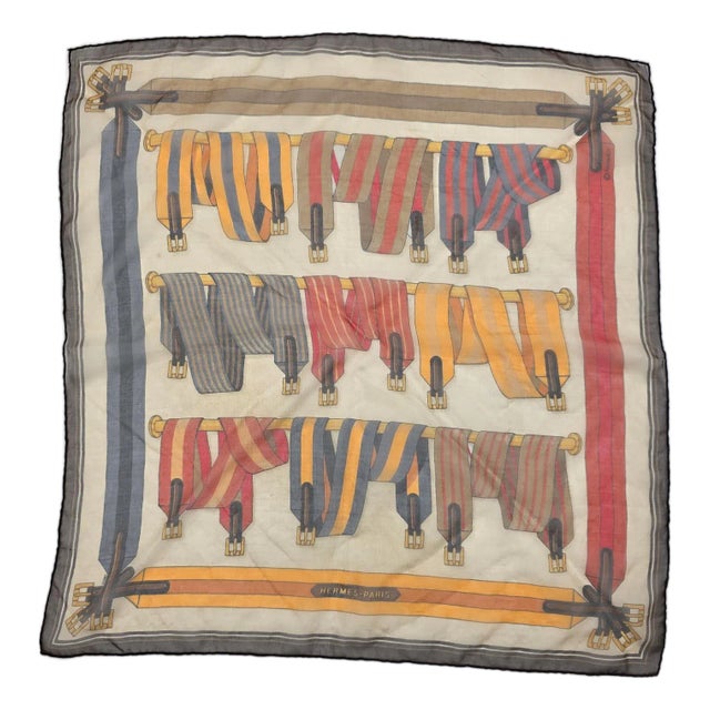 Vintage Hermes Silk Scarf Joachim Metz Belts Paris France Multi Colored 17 Inch For Sale