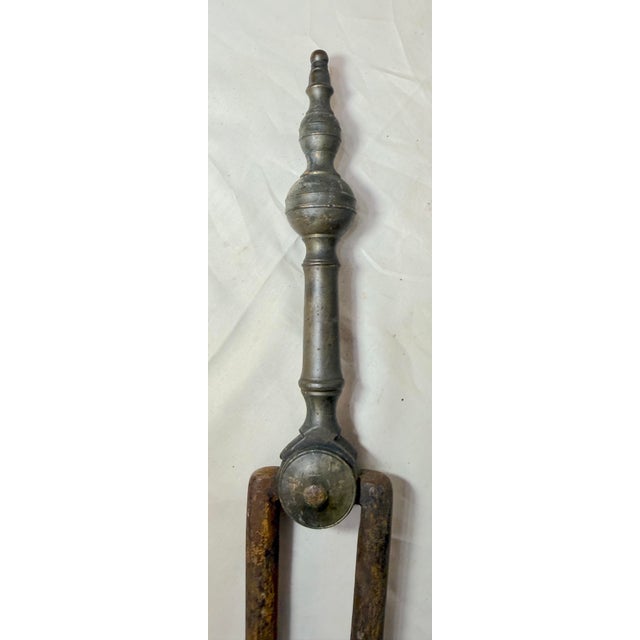 18th Century Antique 18th Century Wrought Iron Turned Brass English Fireplace Tongs Tool 23 For Sale - Image 5 of 11