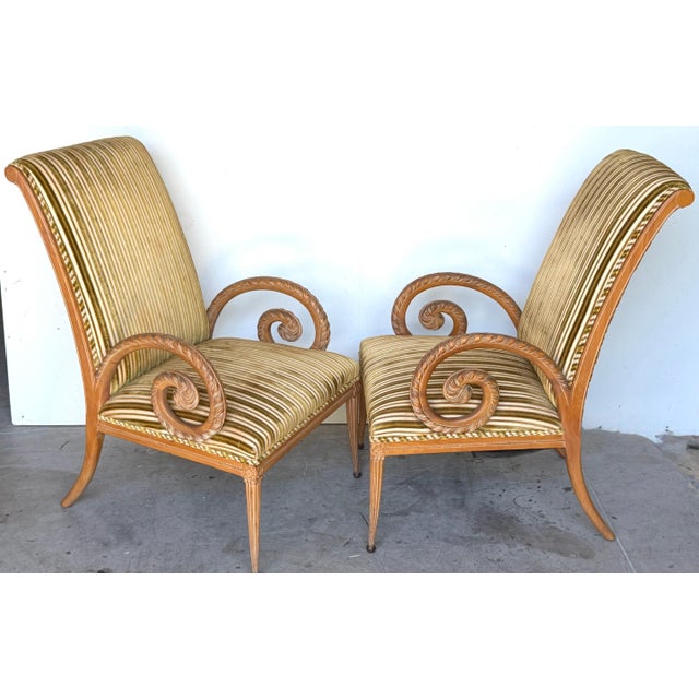 Pair French Modern Carved Feather Scroll Arm Lounge Chairs, Style Maison Jansen For Sale - Image 12 of 18