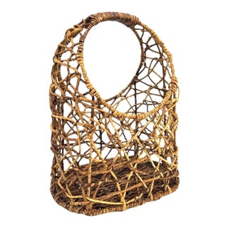 Vintage Large Oval Wicker Egg Flower Basket Farmhouse Handmade With Detailed Handle For Sale