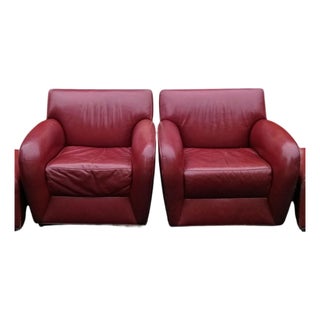 A Pair of Rare Vintage Cabot Wrenn Full Grain Leather Club Chairs & Pottery Barn Ottoman For Sale