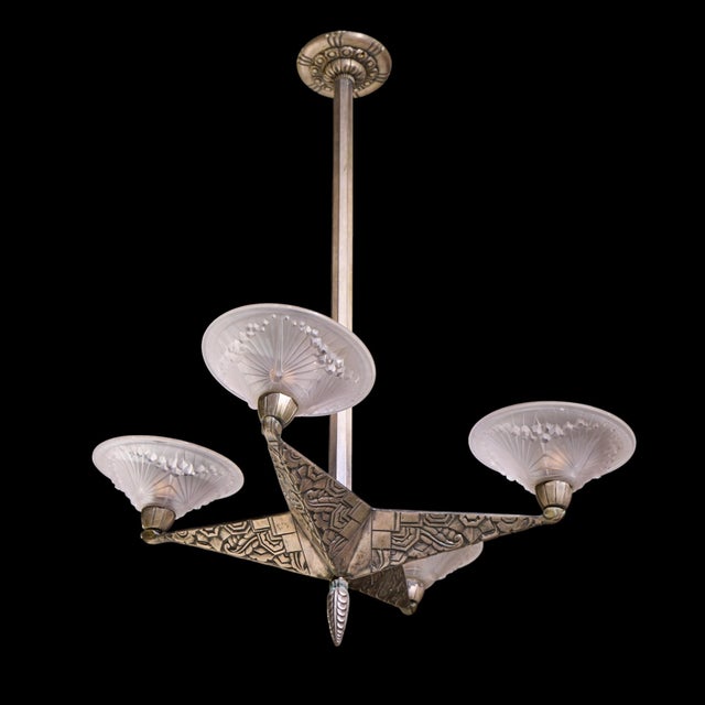Art Deco Charles Schneider French Art Deco Polished Nickel Chandelier For Sale - Image 3 of 4