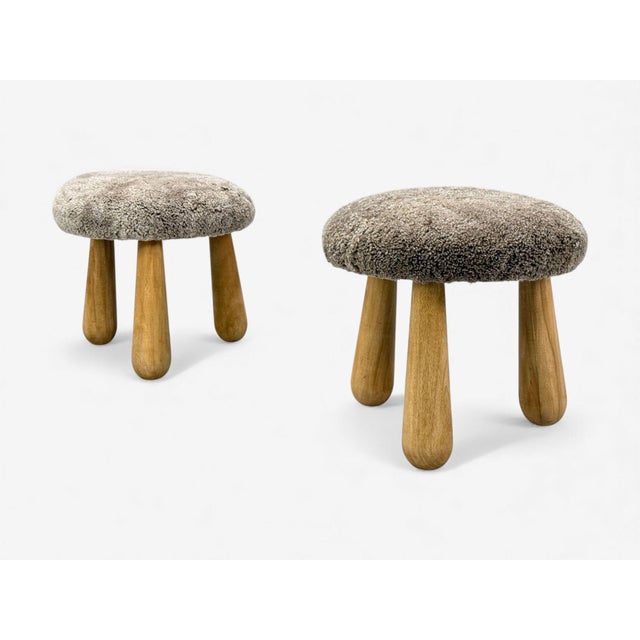 Wood Danish Modern Style, Gray Sheepskin, Maple, Shearling Footstools, 21st C. For Sale - Image 7 of 9