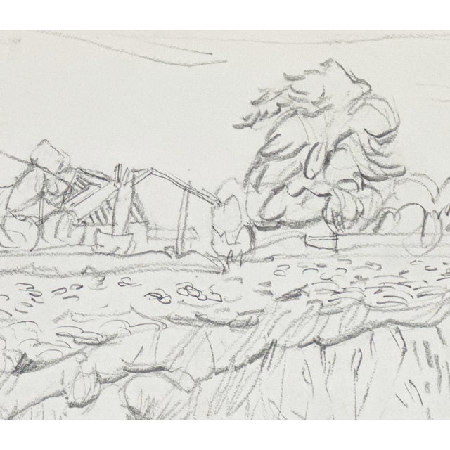 Vintage mid-century landscape drawing in pencil on paper from France. Comes wth acid free mat and foamcore backing. size...
