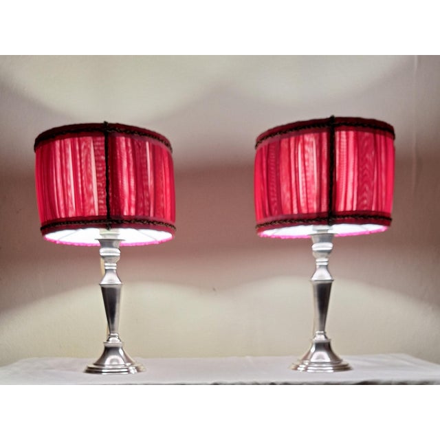 Vintage Table Lamps with Silver-Plated Candlestick Base and Fabric Shade, 1970s, Set of 2 For Sale - Image 3 of 11
