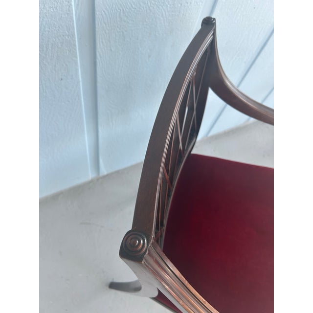 Red c.1900 Hepplewhite Style Mahogany Armchair With Red Velvet Seat – Lattice Back Accent Chai For Sale - Image 8 of 12