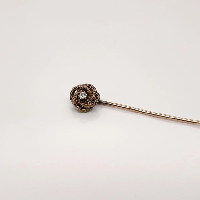 Early 20th Century Vintage Antique Edwardian 10 Karat Gold & Diamond Love Knot Stick Pin For Sale - Image 5 of 6