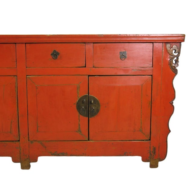 9 Feet Long Red Antique Chinese Buffet Sideboard Cabinet For Sale - Image 9 of 12