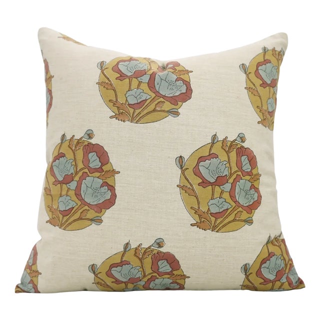 Fabdivine Linen Blend Handmade Block Print Pillow Cover, Sandhya Pushp- 16x16 Inch For Sale