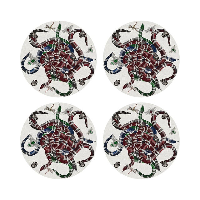 Ouroboros White Vegan Leather Round Pebble Placemat, Set of 4 For Sale - Image 4 of 5