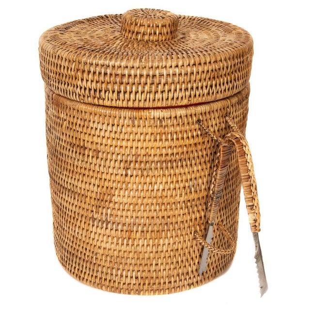 2020s Artifacts Rattan Ice Bucket with Tongs in Honey Brown 10" - 2 Pieces For Sale - Image 5 of 5