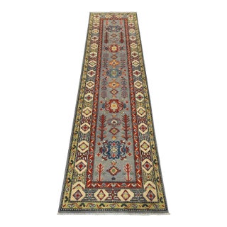 Kazak Runner 2’8” X 9’8” Gray Wool Tribal Hand-Knotted Oriental Rug For Sale