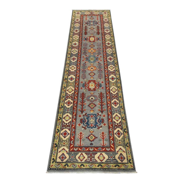 Kazak Runner 2’8” X 9’8” Gray Wool Tribal Hand-Knotted Oriental Rug For Sale