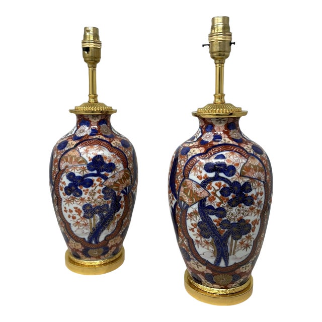 Antique Pair Japanese Chinese Imari Porcelain Ormolu Table Lamps Blue Red Gilt For Sale