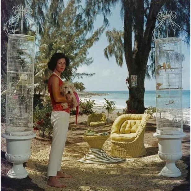 Gloria Schiff 1961 Gloria Schiff, the twin sister of Consuelo Crespi, with her pet dog and pet birds at Lyford Cay in the...