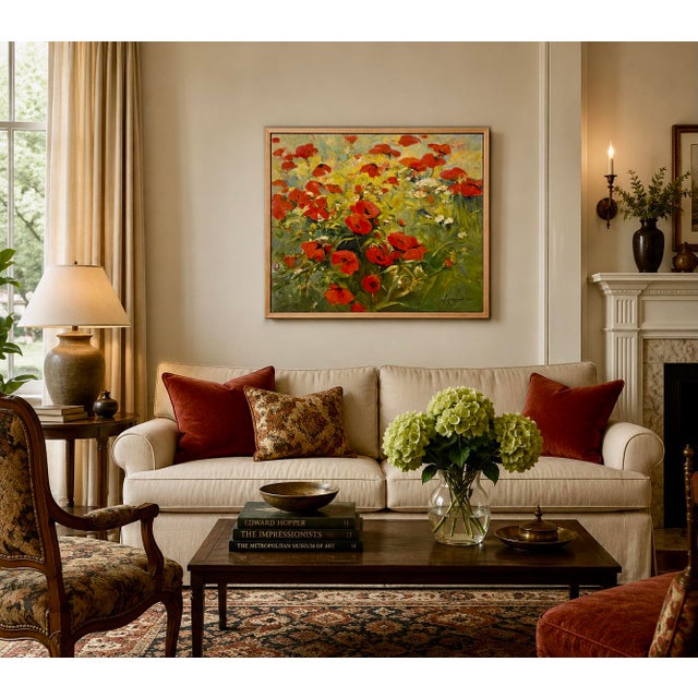 Babken Kolozian - Red Poppy Field 1979-Original Armenian Mid-Century Oil Painting Armenian Impressionist - Oil painting on...