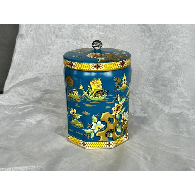 Vintage Chinoiserie Confectionary Candy Storage Tin Box For Sale - Image 4 of 12