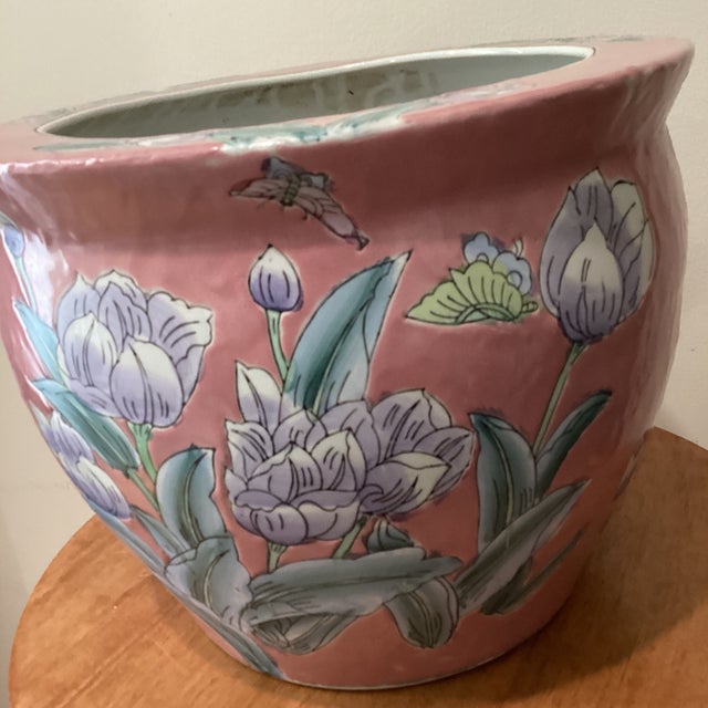 Chinoiserie Vintage Large Chinoiserie Large Porcelain Koi Fish Bowl Planter Floral Motif For Sale - Image 3 of 12