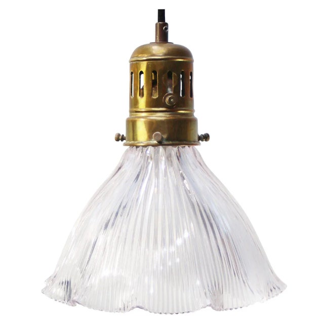 Glass Vintage Glass and Brass Pendant Light from Holophane For Sale - Image 7 of 7