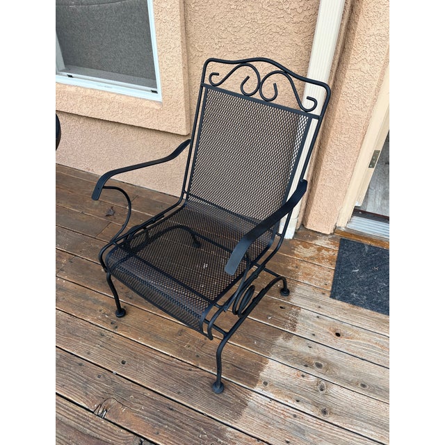 Russell Woodard Vintage Woodard Style Black Wrought Iron Mesh High-Back Coil Spring Patio Chairs - A Pair For Sale - Image 4 of 4