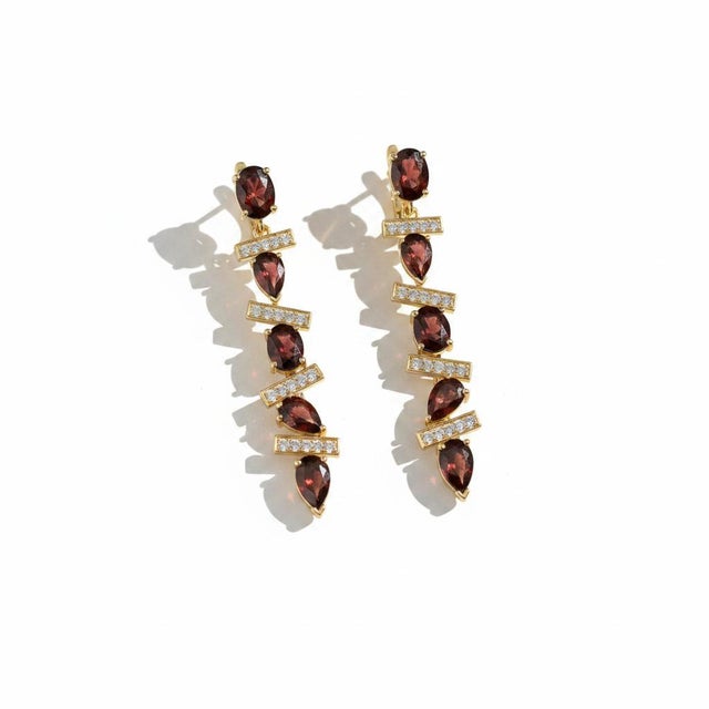 Red Modern Geometric Garnet Drop Earrings, Silver, Gold, Pair For Sale - Image 8 of 10