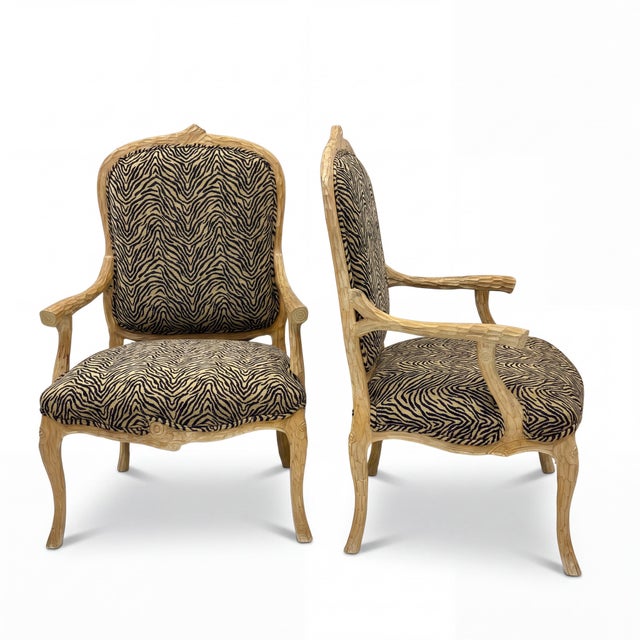Hollywood Regency Italian Carved Faux Bois Cerused Bergère Chairs in Zebra Fabric - Pair For Sale - Image 3 of 7