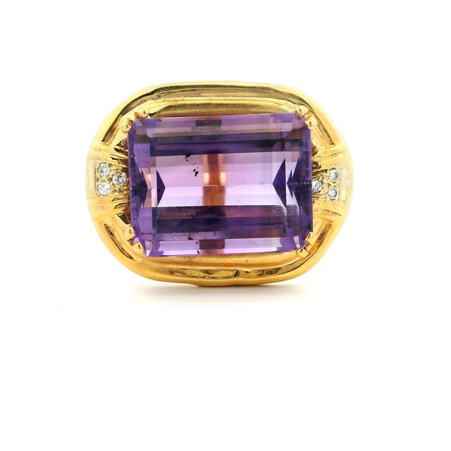 Italian 14k Gold Emerald-Cut Amethyst & Diamond Cocktail Ring, Circa 1980, Size 7.25 For Sale - Image 9 of 14