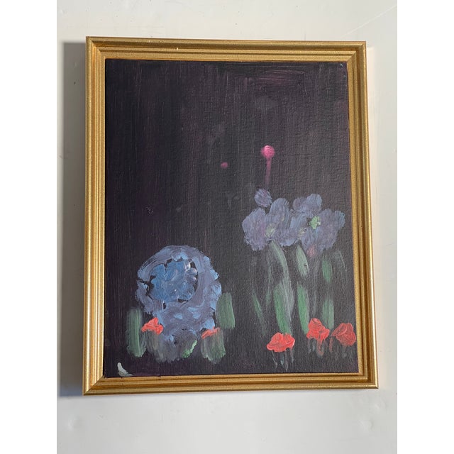 Mixed media on canvas board Moon Garden by Elia.Framed in a gold tone frame.