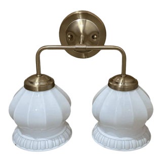 Chris Loves Julia Marlo Collection Brass & Milk Glass 2 Arm Wall Vanity Sconce For Sale