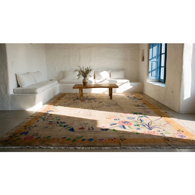 Beige Floral Antique Chinese Art Deco Rectangle Large 1920s Hand Knotted Rug For Sale - Image 13 of 15