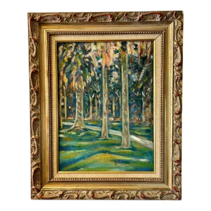 Late 20th Century Original Hollywood Regency Post Impressionist Painting a Walk in the Park, Oil on Wood, Framed