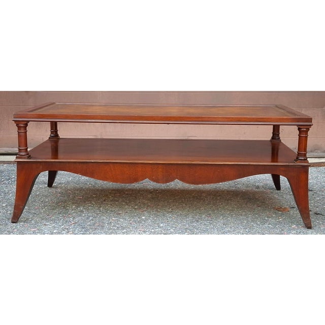 Traditional 1940s English Regency Style Tooled Leather Inset Mahogany Two-Tier Coffee Table For Sale - Image 3 of 15