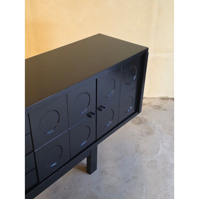 A brutalist/modernist sideboard made out of ebonized oak, 1970s. Attributed to Belgian manufacturer ‘De Coene’. This...
