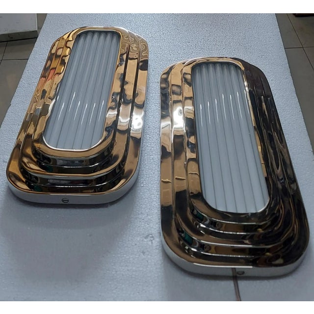 Art Deco Pair Vintage 1940s Skyscraper Art Deco Wall Ceiling Sconces Fixture in Brass & Milk Glass Rod Ship Light For Sale - Image 3 of 7