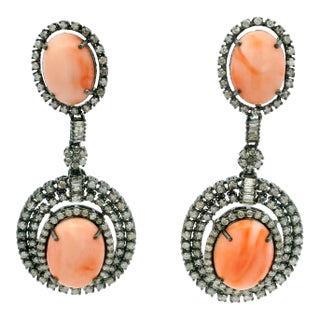 Indian Coral and Diamond Drop Earrings in Oxidized Silver, Circa 1980, A Pair For Sale