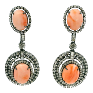 Indian Coral and Diamond Drop Earrings in Oxidized Silver, Circa 1980, A Pair