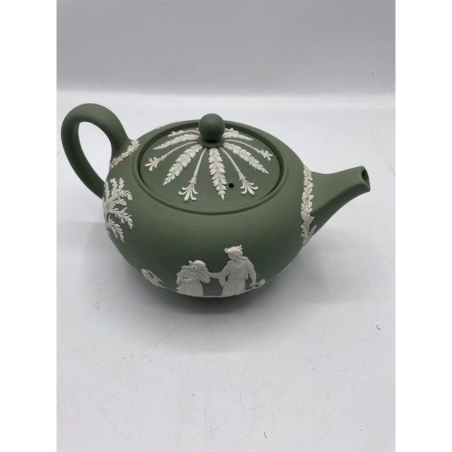 Vintage Wedgwood Sage Green Jasperware Teapot 1955 Glazed Interior Mint Interior For Sale - Image 9 of 12