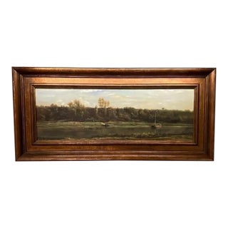 Mid 20th Century M. Gester Signed River Landscape Oil Painting, Framed 12x36 For Sale