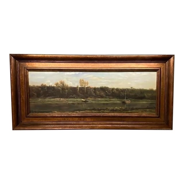 Mid 20th Century M. Gester Signed River Landscape Oil Painting, Framed 12x36 For Sale