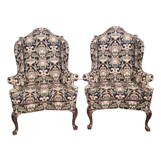 Late 20th Century Pair Southwood Mahogany Philadelphia Style Wing Chairs Needlepoint Fabric For Sale