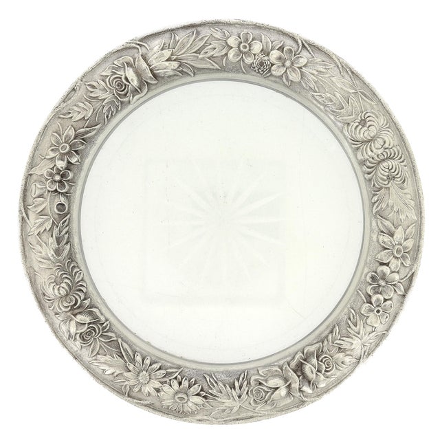 A fine, larger sized antique American silver & glass wine coaster. In sterling silver. By Kirk & Sons. The silver rim with...