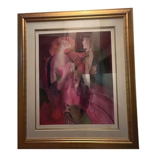 Vintage Framed "L'Éventail" Portrait of Couple by Linda Le Kinff in Gold Frame For Sale