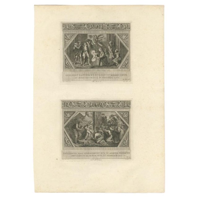 Large antique print with two religious engravings. The upper image depicts the adoration of the Shepherds. The lower image...