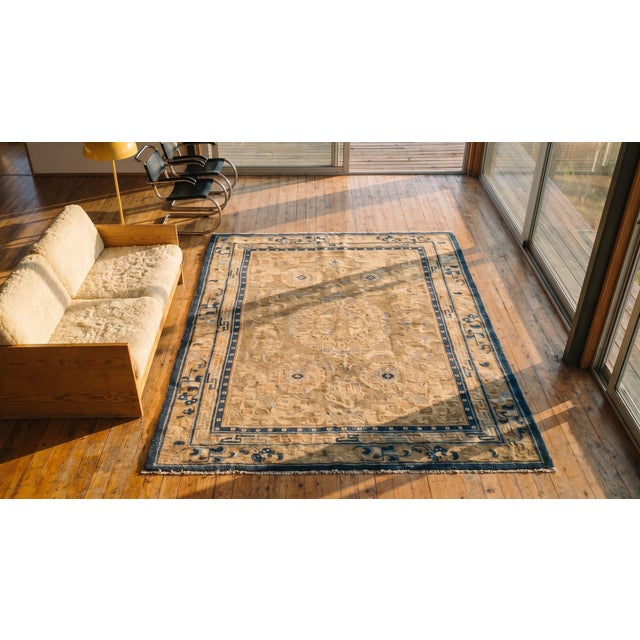 Awesome Tan-Sand Color With Small Palmette and Medallion/Crest Pattern Antique Chinese Ningxia Rug For Sale In New York - Image 6 of 8
